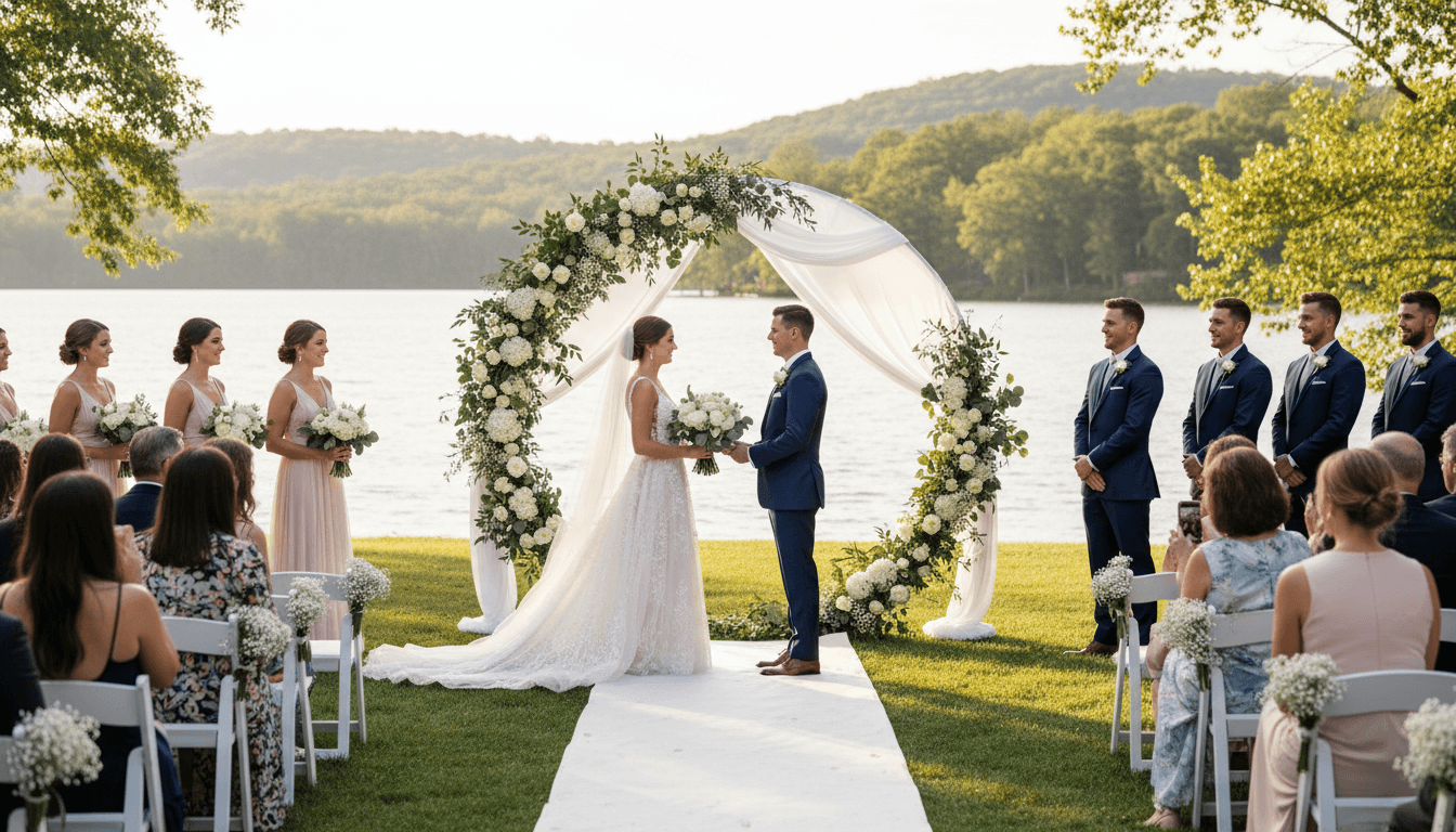 Bride and groom during wedding ceremony in an elegant outdoor setting