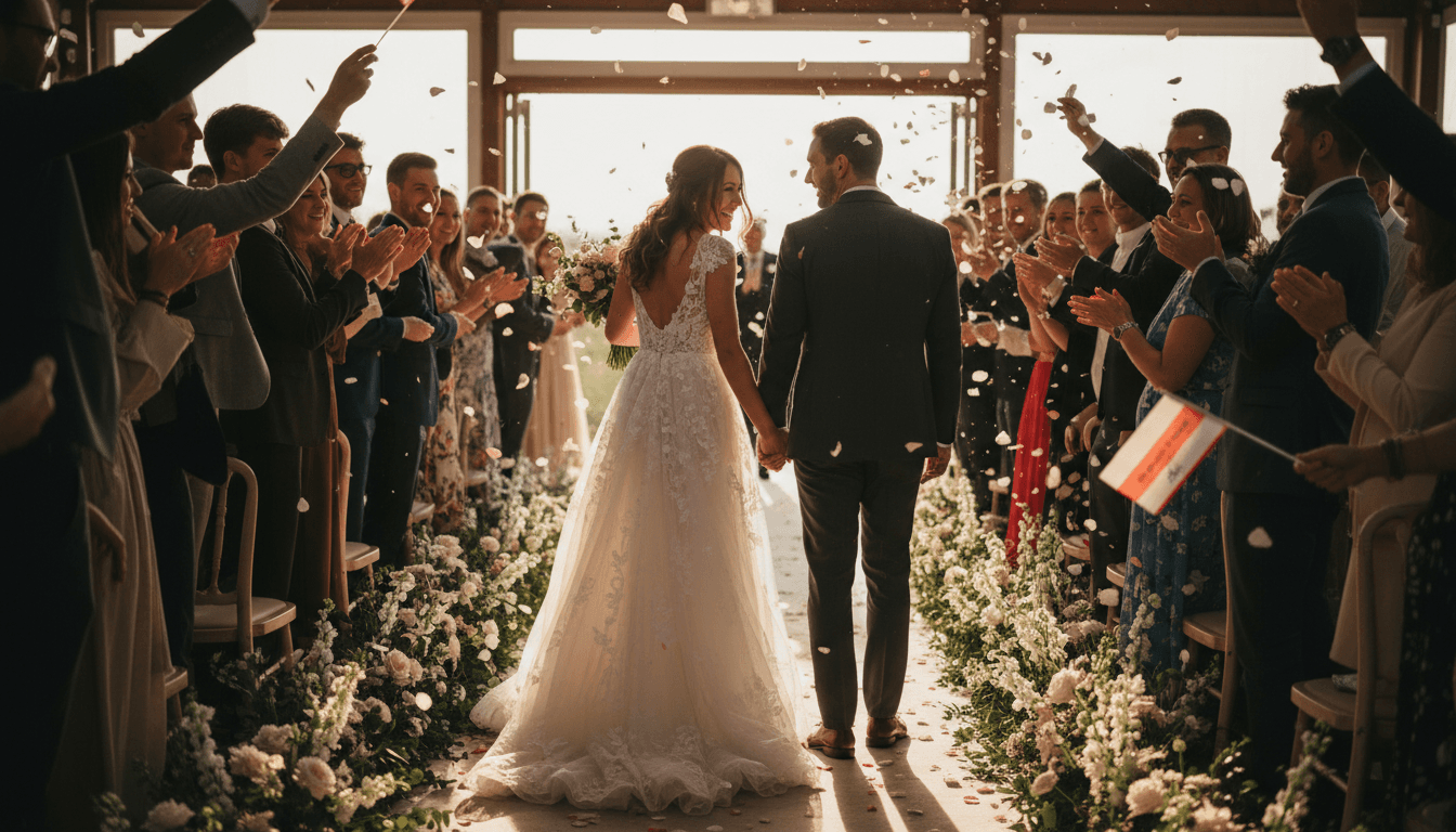Newlyweds walking up aisle hand-in-hand with applauding guests creating celebration tunnel